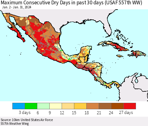 Mexico Central America and the Caribbean Maximum Consecutive Dry Days in past 30 days (USAF 557th WW) 01/31/2024 Thematic Map For 1/26/2024 - 1/31/2024