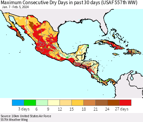 Mexico Central America and the Caribbean Maximum Consecutive Dry Days in past 30 days (USAF 557th WW) 02/05/2024 Thematic Map For 2/1/2024 - 2/5/2024