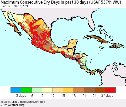 Mexico Central America and the Caribbean Maximum Consecutive Dry Days in past 30 days (USAF 557th WW) 02/10/2024 Thematic Map For 2/6/2024 - 2/10/2024