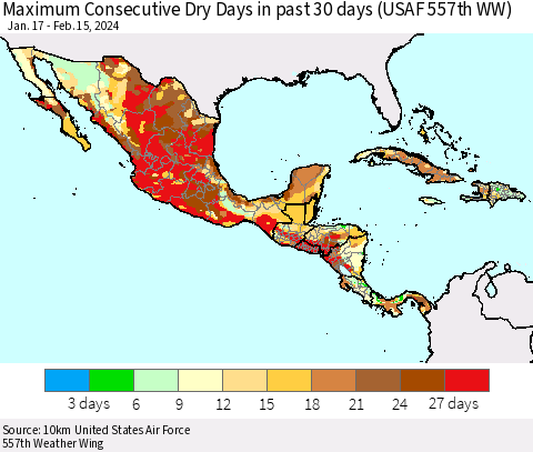 Mexico Central America and the Caribbean Maximum Consecutive Dry Days in past 30 days (USAF 557th WW) 02/15/2024 Thematic Map For 2/11/2024 - 2/15/2024