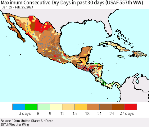 Mexico Central America and the Caribbean Maximum Consecutive Dry Days in past 30 days (USAF 557th WW) 02/25/2024 Thematic Map For 2/21/2024 - 2/25/2024