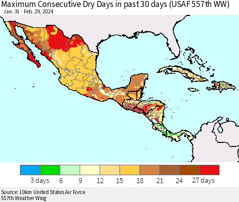 Mexico Central America and the Caribbean Maximum Consecutive Dry Days in past 30 days (USAF 557th WW) 02/29/2024 Thematic Map For 2/26/2024 - 2/29/2024