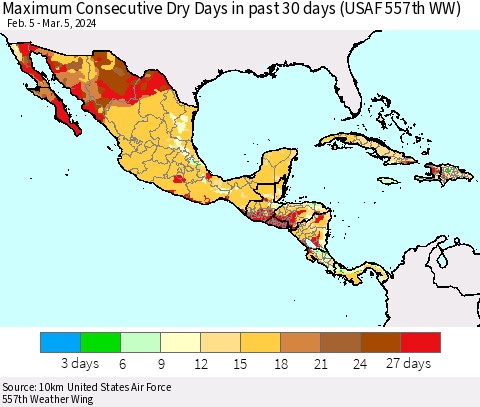 Mexico Central America and the Caribbean Maximum Consecutive Dry Days in past 30 days (USAF 557th WW) 03/05/2024 Thematic Map For 3/1/2024 - 3/5/2024