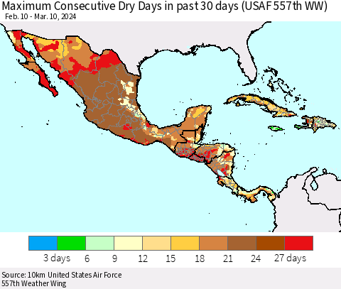 Mexico Central America and the Caribbean Maximum Consecutive Dry Days in past 30 days (USAF 557th WW) 03/10/2024 Thematic Map For 3/6/2024 - 3/10/2024