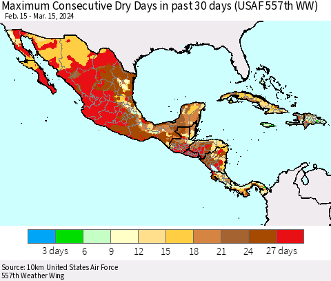 Mexico Central America and the Caribbean Maximum Consecutive Dry Days in past 30 days (USAF 557th WW) 03/15/2024 Thematic Map For 3/11/2024 - 3/15/2024