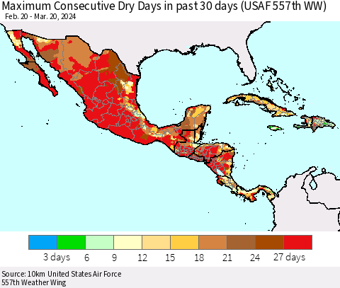 Mexico Central America and the Caribbean Maximum Consecutive Dry Days in past 30 days (USAF 557th WW) 03/20/2024 Thematic Map For 3/16/2024 - 3/20/2024