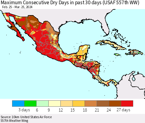 Mexico Central America and the Caribbean Maximum Consecutive Dry Days in past 30 days (USAF 557th WW) 03/25/2024 Thematic Map For 3/21/2024 - 3/25/2024