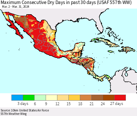 Mexico Central America and the Caribbean Maximum Consecutive Dry Days in past 30 days (USAF 557th WW) 03/31/2024 Thematic Map For 3/26/2024 - 3/31/2024