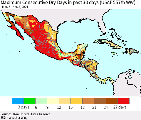 Mexico Central America and the Caribbean Maximum Consecutive Dry Days in past 30 days (USAF 557th WW) 04/05/2024 Thematic Map For 4/1/2024 - 4/5/2024