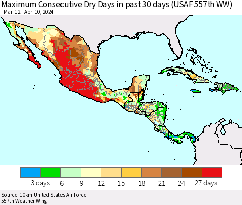 Mexico Central America and the Caribbean Maximum Consecutive Dry Days in past 30 days (USAF 557th WW) 04/10/2024 Thematic Map For 4/6/2024 - 4/10/2024