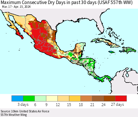 Mexico Central America and the Caribbean Maximum Consecutive Dry Days in past 30 days (USAF 557th WW) 04/15/2024 Thematic Map For 4/11/2024 - 4/15/2024