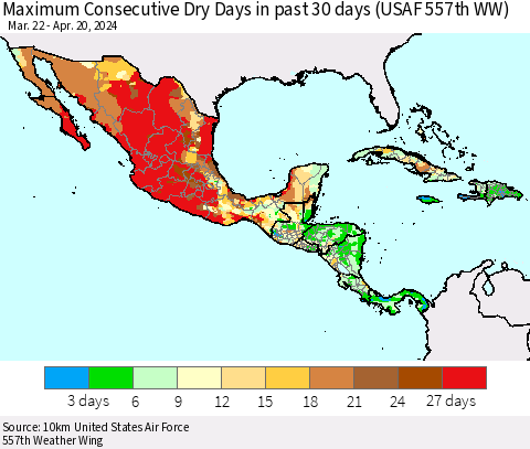 Mexico Central America and the Caribbean Maximum Consecutive Dry Days in past 30 days (USAF 557th WW) 04/20/2024 Thematic Map For 4/16/2024 - 4/20/2024