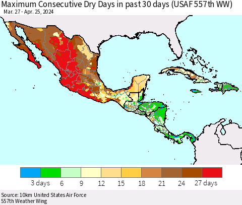 Mexico Central America and the Caribbean Maximum Consecutive Dry Days in past 30 days (USAF 557th WW) 04/25/2024 Thematic Map For 4/21/2024 - 4/25/2024
