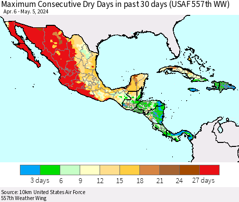 Mexico Central America and the Caribbean Maximum Consecutive Dry Days in past 30 days (USAF 557th WW) 05/05/2024 Thematic Map For 5/1/2024 - 5/5/2024