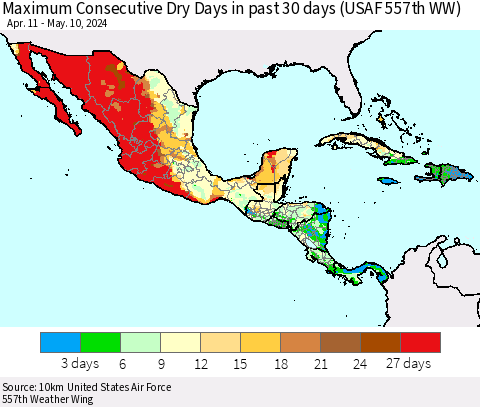 Mexico Central America and the Caribbean Maximum Consecutive Dry Days in past 30 days (USAF 557th WW) 05/10/2024 Thematic Map For 5/6/2024 - 5/10/2024