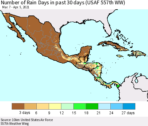 Mexico Central America and the Caribbean Number of Rain Days in past 30 days (USAF 557th WW) 04/05/2021 Thematic Map For 4/1/2021 - 4/5/2021