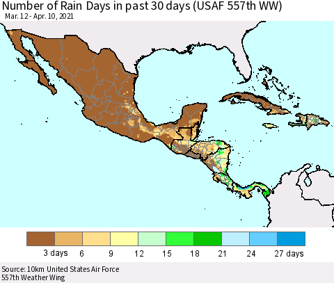Mexico Central America and the Caribbean Number of Rain Days in past 30 days (USAF 557th WW) 04/10/2021 Thematic Map For 4/6/2021 - 4/10/2021