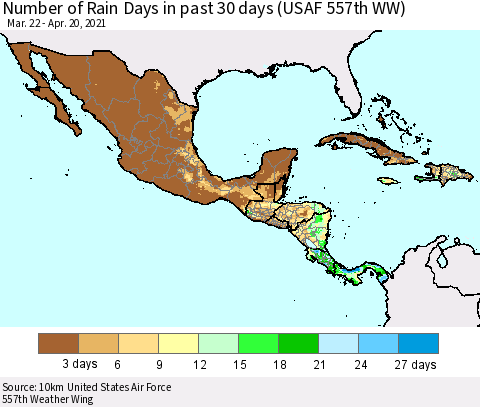 Mexico Central America and the Caribbean Number of Rain Days in past 30 days (USAF 557th WW) 04/20/2021 Thematic Map For 4/16/2021 - 4/20/2021