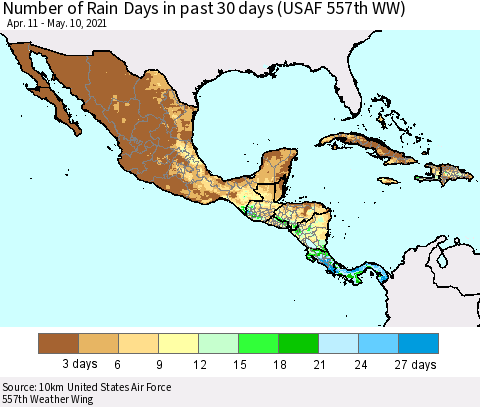 Mexico Central America and the Caribbean Number of Rain Days in past 30 days (USAF 557th WW) 05/10/2021 Thematic Map For 5/6/2021 - 5/10/2021