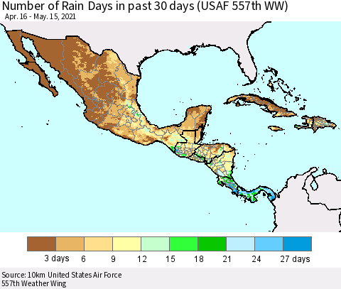 Mexico Central America and the Caribbean Number of Rain Days in past 30 days (USAF 557th WW) 05/15/2021 Thematic Map For 5/11/2021 - 5/15/2021