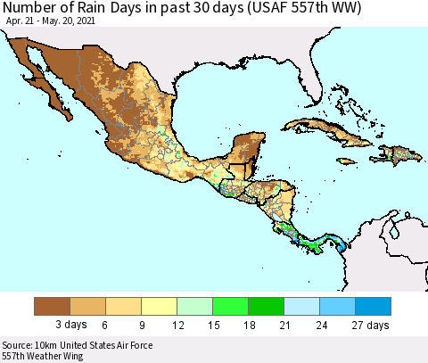 Mexico Central America and the Caribbean Number of Rain Days in past 30 days (USAF 557th WW) 05/20/2021 Thematic Map For 5/16/2021 - 5/20/2021