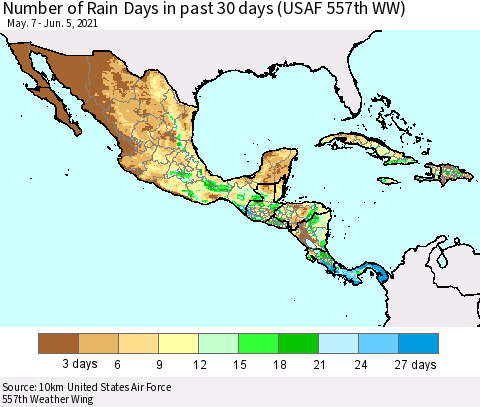 Mexico Central America and the Caribbean Number of Rain Days in past 30 days (USAF 557th WW) 06/05/2021 Thematic Map For 6/1/2021 - 6/5/2021