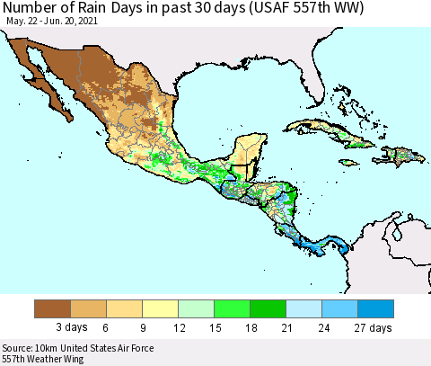 Mexico Central America and the Caribbean Number of Rain Days in past 30 days (USAF 557th WW) 06/20/2021 Thematic Map For 6/16/2021 - 6/20/2021