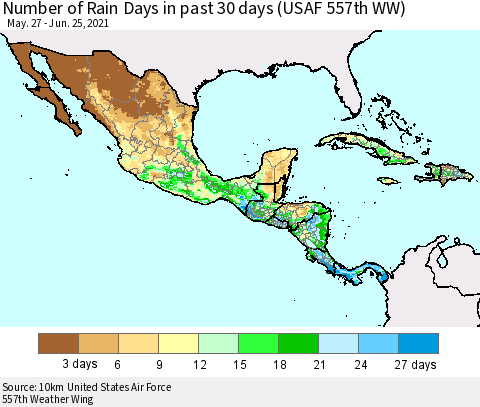 Mexico Central America and the Caribbean Number of Rain Days in past 30 days (USAF 557th WW) 06/25/2021 Thematic Map For 6/21/2021 - 6/25/2021