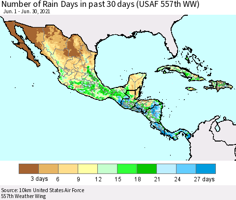 Mexico Central America and the Caribbean Number of Rain Days in past 30 days (USAF 557th WW) 06/30/2021 Thematic Map For 6/26/2021 - 6/30/2021
