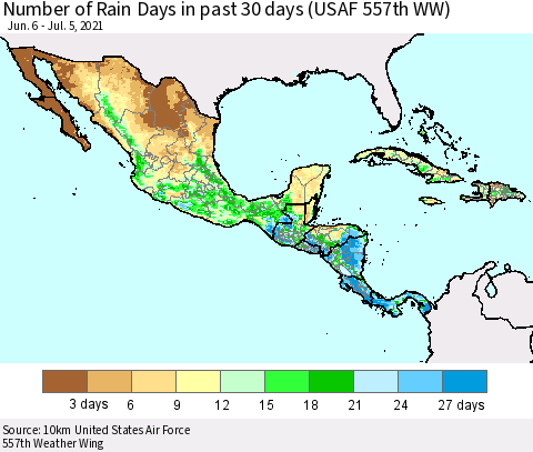 Mexico Central America and the Caribbean Number of Rain Days in past 30 days (USAF 557th WW) 07/05/2021 Thematic Map For 7/1/2021 - 7/5/2021