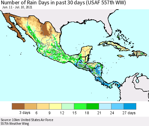 Mexico Central America and the Caribbean Number of Rain Days in past 30 days (USAF 557th WW) 07/10/2021 Thematic Map For 7/6/2021 - 7/10/2021