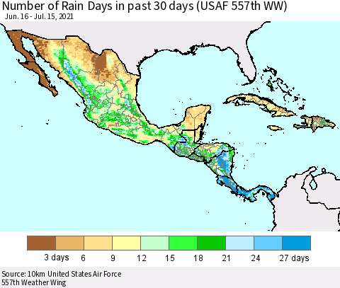 Mexico Central America and the Caribbean Number of Rain Days in past 30 days (USAF 557th WW) 07/15/2021 Thematic Map For 7/11/2021 - 7/15/2021