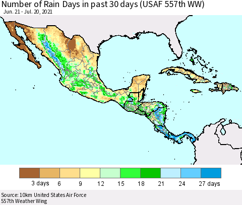 Mexico Central America and the Caribbean Number of Rain Days in past 30 days (USAF 557th WW) 07/20/2021 Thematic Map For 7/16/2021 - 7/20/2021