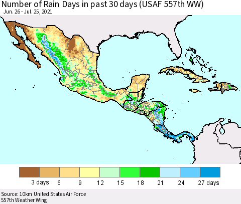 Mexico Central America and the Caribbean Number of Rain Days in past 30 days (USAF 557th WW) 07/25/2021 Thematic Map For 7/21/2021 - 7/25/2021