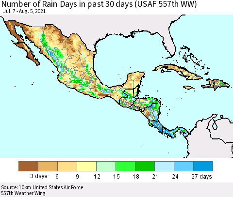 Mexico Central America and the Caribbean Number of Rain Days in past 30 days (USAF 557th WW) 08/05/2021 Thematic Map For 8/1/2021 - 8/5/2021