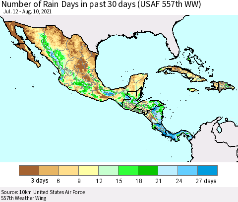 Mexico Central America and the Caribbean Number of Rain Days in past 30 days (USAF 557th WW) 08/10/2021 Thematic Map For 8/6/2021 - 8/10/2021