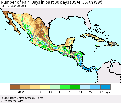 Mexico Central America and the Caribbean Number of Rain Days in past 30 days (USAF 557th WW) 08/20/2021 Thematic Map For 8/16/2021 - 8/20/2021