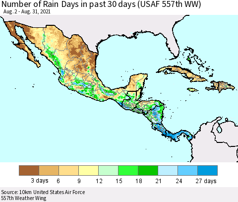 Mexico Central America and the Caribbean Number of Rain Days in past 30 days (USAF 557th WW) 08/31/2021 Thematic Map For 8/26/2021 - 8/31/2021