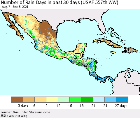 Mexico Central America and the Caribbean Number of Rain Days in past 30 days (USAF 557th WW) 09/05/2021 Thematic Map For 9/1/2021 - 9/5/2021