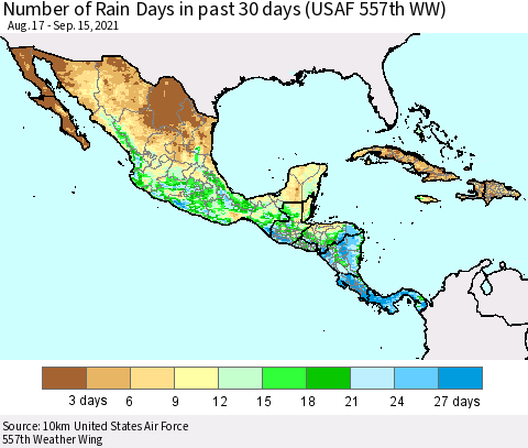 Mexico Central America and the Caribbean Number of Rain Days in past 30 days (USAF 557th WW) 09/15/2021 Thematic Map For 9/11/2021 - 9/15/2021