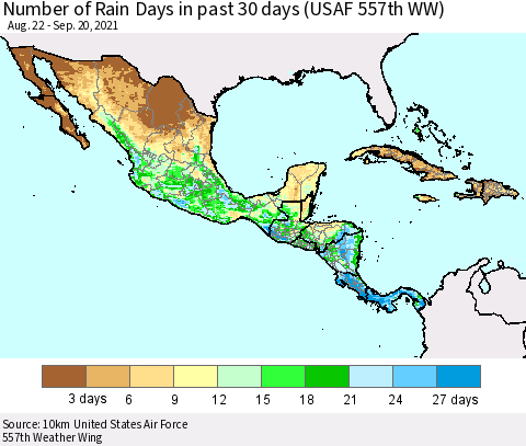 Mexico Central America and the Caribbean Number of Rain Days in past 30 days (USAF 557th WW) 09/20/2021 Thematic Map For 9/16/2021 - 9/20/2021