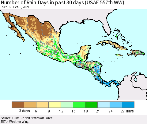 Mexico Central America and the Caribbean Number of Rain Days in past 30 days (USAF 557th WW) 10/05/2021 Thematic Map For 10/1/2021 - 10/5/2021