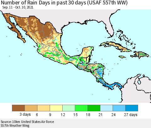 Mexico Central America and the Caribbean Number of Rain Days in past 30 days (USAF 557th WW) 10/10/2021 Thematic Map For 10/6/2021 - 10/10/2021