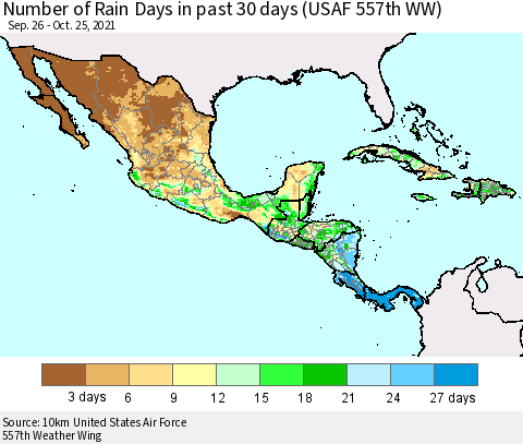 Mexico Central America and the Caribbean Number of Rain Days in past 30 days (USAF 557th WW) 10/25/2021 Thematic Map For 10/21/2021 - 10/25/2021