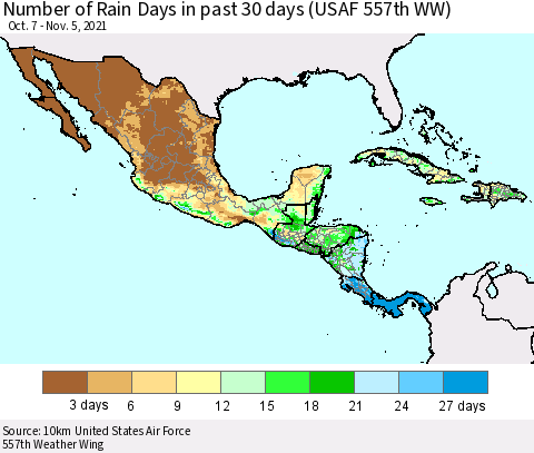 Mexico Central America and the Caribbean Number of Rain Days in past 30 days (USAF 557th WW) 11/05/2021 Thematic Map For 11/1/2021 - 11/5/2021