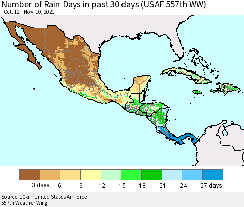 Mexico Central America and the Caribbean Number of Rain Days in past 30 days (USAF 557th WW) 11/10/2021 Thematic Map For 11/6/2021 - 11/10/2021