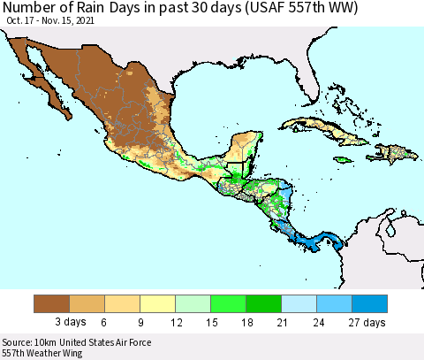 Mexico Central America and the Caribbean Number of Rain Days in past 30 days (USAF 557th WW) 11/15/2021 Thematic Map For 11/11/2021 - 11/15/2021