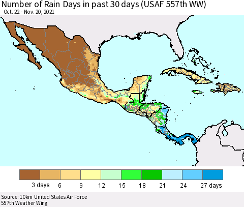 Mexico Central America and the Caribbean Number of Rain Days in past 30 days (USAF 557th WW) 11/20/2021 Thematic Map For 11/16/2021 - 11/20/2021