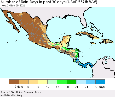 Mexico Central America and the Caribbean Number of Rain Days in past 30 days (USAF 557th WW) 11/30/2021 Thematic Map For 11/26/2021 - 11/30/2021