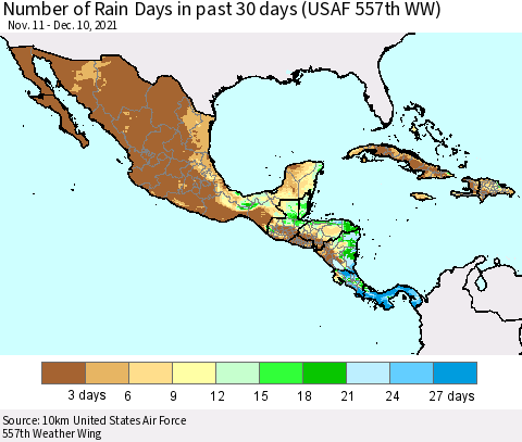 Mexico Central America and the Caribbean Number of Rain Days in past 30 days (USAF 557th WW) 12/10/2021 Thematic Map For 12/6/2021 - 12/10/2021